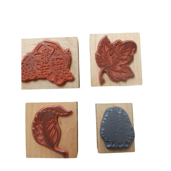 Set Of 4 Vintage PSX Rubber Stamps On Wood Blocks Featuring Basket Leaf Feather - Picture 2 of 7
